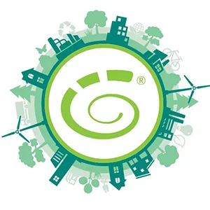 eine Grafik mit Häusern, Bäumen und Fahrzeugsymbolen im Kreis angeordnet. In der Mitte das Ökoprofit-Symbol.